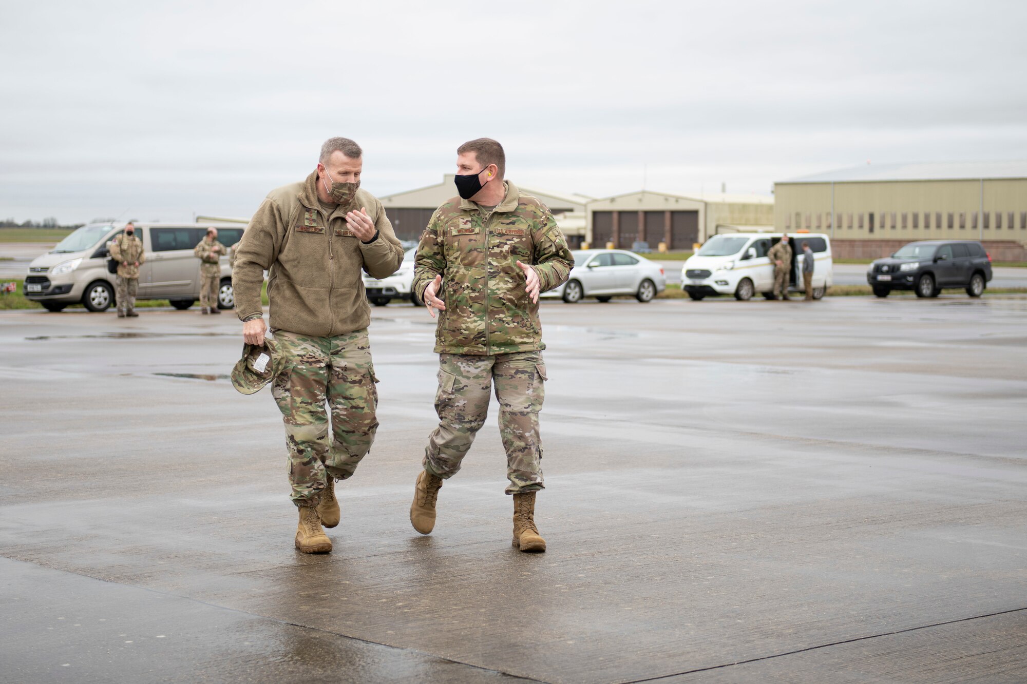 U.S. Air Force Col. Col. Kurt Wendt, right, 501st Combat Support Wing commander, converses with U.S. Air Force Gen. Tod D. Wolters, left, NATO Supreme Allied Commander Europe and U.S. European Command commander, while preparing to depart on a flight to South Cerney, England, from Royal Air Force Fairford, England, Nov. 18, 2020, in support of NATO Exercise Loyal Leda 2020 (LOLE20). Allied Land Command (LANDCOM) conducted a combat readiness evaluation on the NATO Headquarters Allied Rapid Reaction Corp (ARRC) during LOLE20, which took place at RAF Fairford and South Cerney, England, Nov. 9-19, 2020. This was a complex multi-domain exercise designed to test the war-fighting capabilities of the ARRC in a COVID-19 environment including combat operations. LOLE20 was a key NATO exercise to validate and certify the Gloucester-based ARRC as a NATO war-fighting corps at full operational readiness, capable of commanding up to 120,000 multinational troops across a full spectrum of military operations. (U.S. Air Force photo by Senior Airman Jennifer Zima)