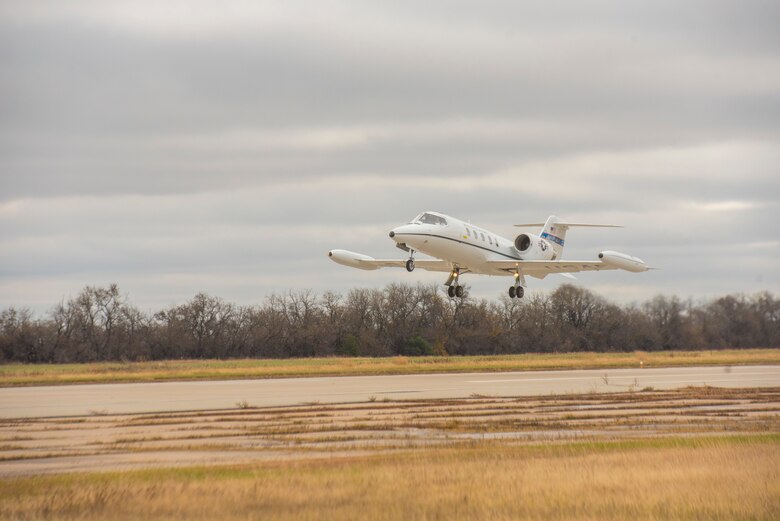 The first C-21A to acquire new “delta fins” takes off Nov. 10, 2020, from Newton City Airport, Kansas. With first model upgrades successfully stabilizing the aircraft, the rest of the fleet will soon follow, allowing the C-21A mission to continue for years to come. (U.S. Air Force photo by Staff Sgt. Nathan Eckert)