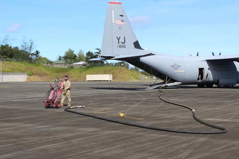 A U.S. Air Force Airman prepares to provide fuel to a U.S. Air Force C-130J assigned to the 36th Airlift Squadron, Yokota Air Base, Japan, during a Dynamic Force Employment on Palau, Nov. 24, 2020. DFE is an operational platform that allows our forces to be strategically predictable and operationally unpredictable. The United States security presence, along with our allies and partners, underpins the peace and stability that has enabled the Indo-Pacific region to develop and prosper for more than seven decades. (Courtesy Photo)
