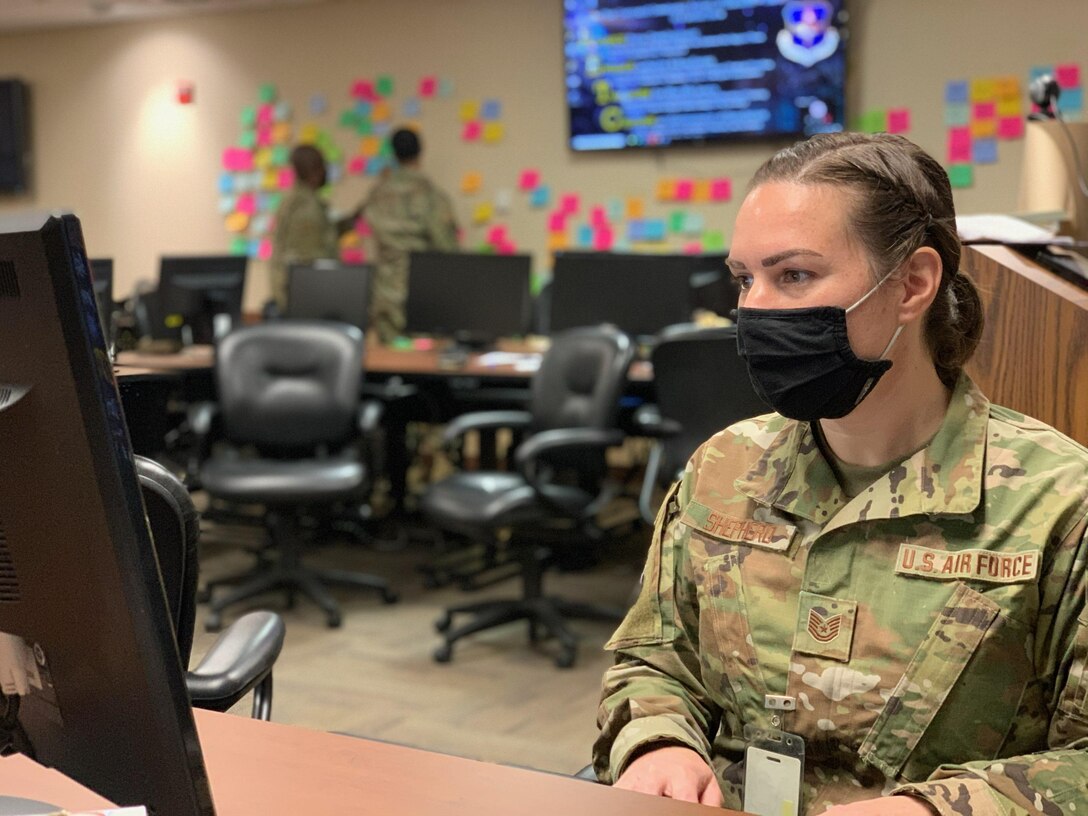 Airman works on computer