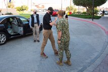 201125-N-IO414-1015 NAVAL SUPPORT ACTIVITY BAHRAIN (Nov. 25, 2020) Vice Adm. Samuel Paparo, commander of U.S. Naval Forces Central Command (NAVCENT), U.S. 5th Fleet and Combined Maritime Forces, greets Acting Secretary of Defense, Christopher C. Miller during a visit to the NAVCENT headquarters on board Naval Support Activity Bahrain, Nov 25. NAVCENT is the U.S. Navy element of U.S. Central Command in the U.S. 5th Fleet area of operations and encompasses about 2.5 million square miles of water area and includes the Arabian Gulf, Gulf of Oman, Red Sea and parts of the Indian Ocean. The expanse is comprised of 20 countries and includes three critical choke points at the Strait of Hormuz, the Suez Canal and the Strait of Bab al Mandeb at the southern tip of Yemen.