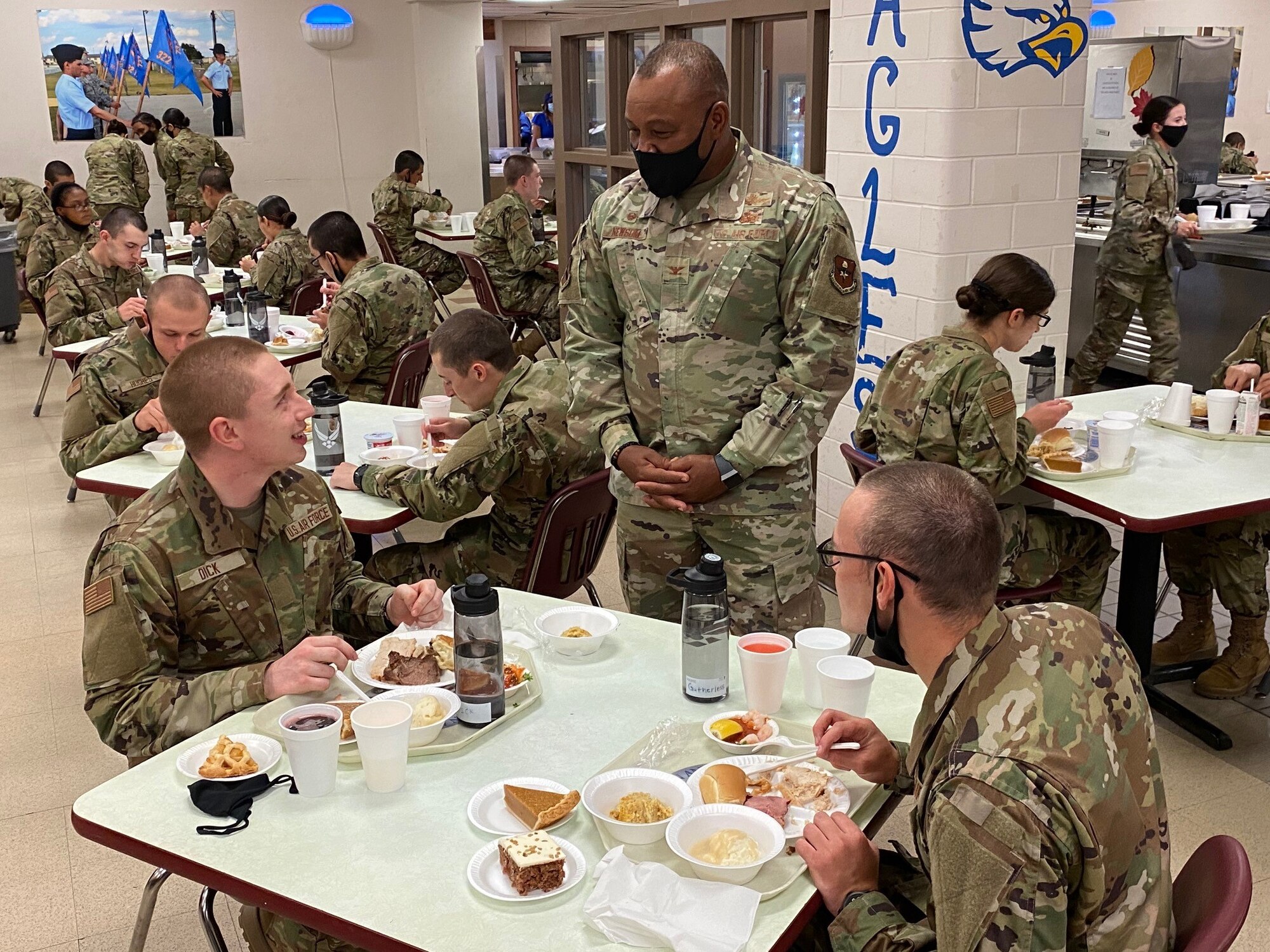 Airmen who graduated from Basic Military Training on Nov. 25 enjoy their first Thanksgiving meal in uniform at Joint Base San Antonio-Lackland, Texas, on Nov. 26.