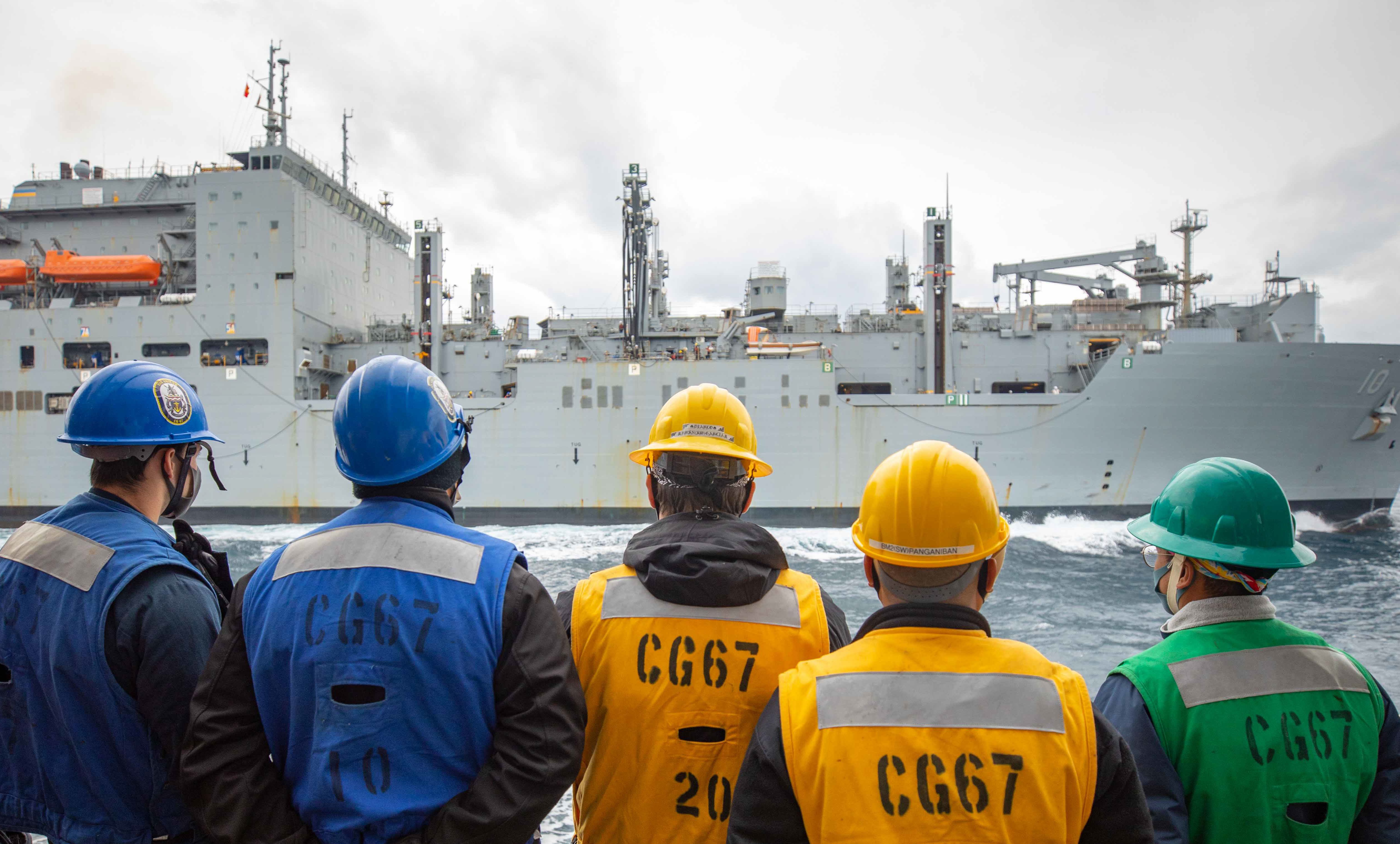 USS Shiloh (CG 67) conducts a replenishment-at-sea.