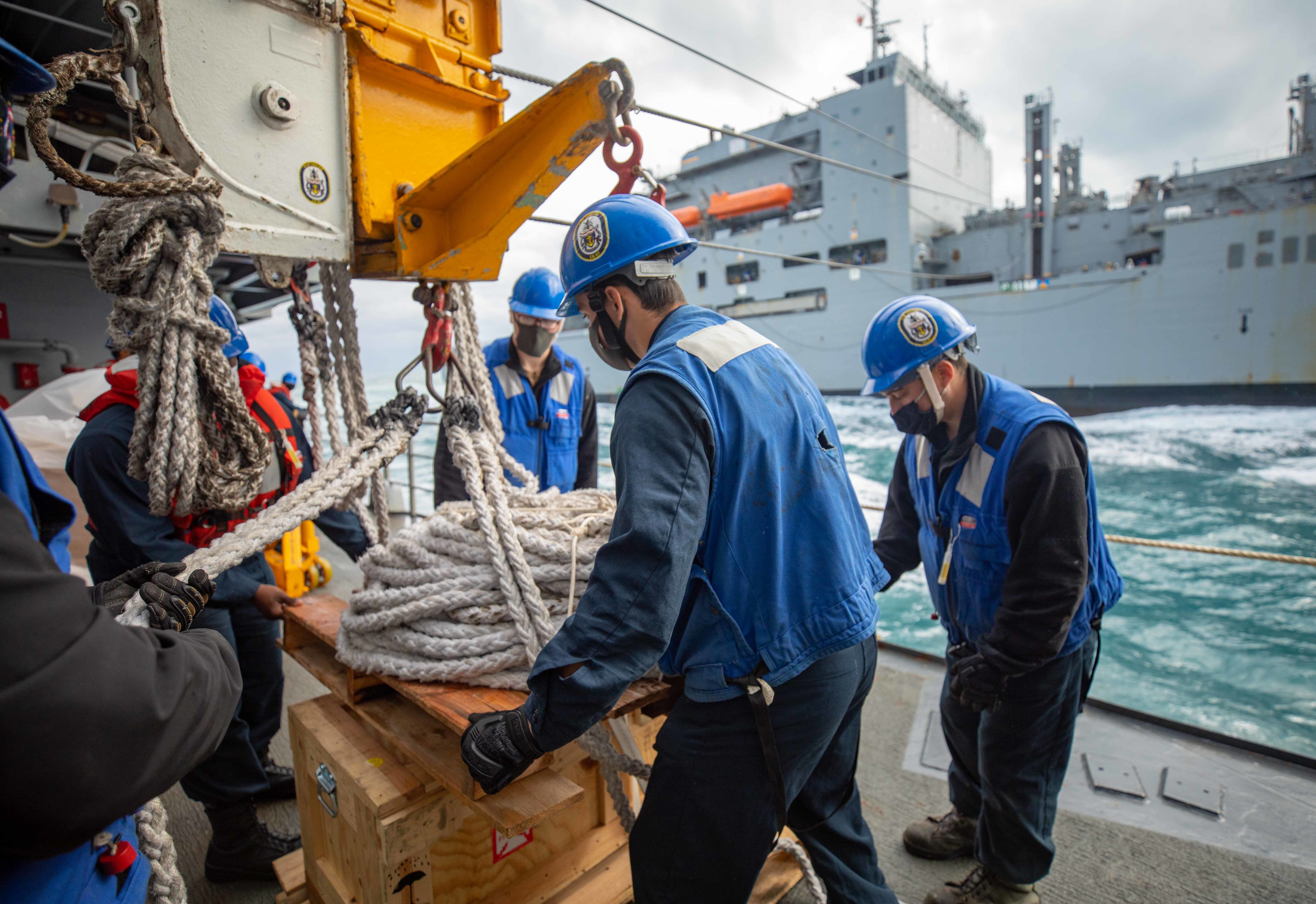 USS Shiloh (CG 67) conducts a replenishment-at-sea.