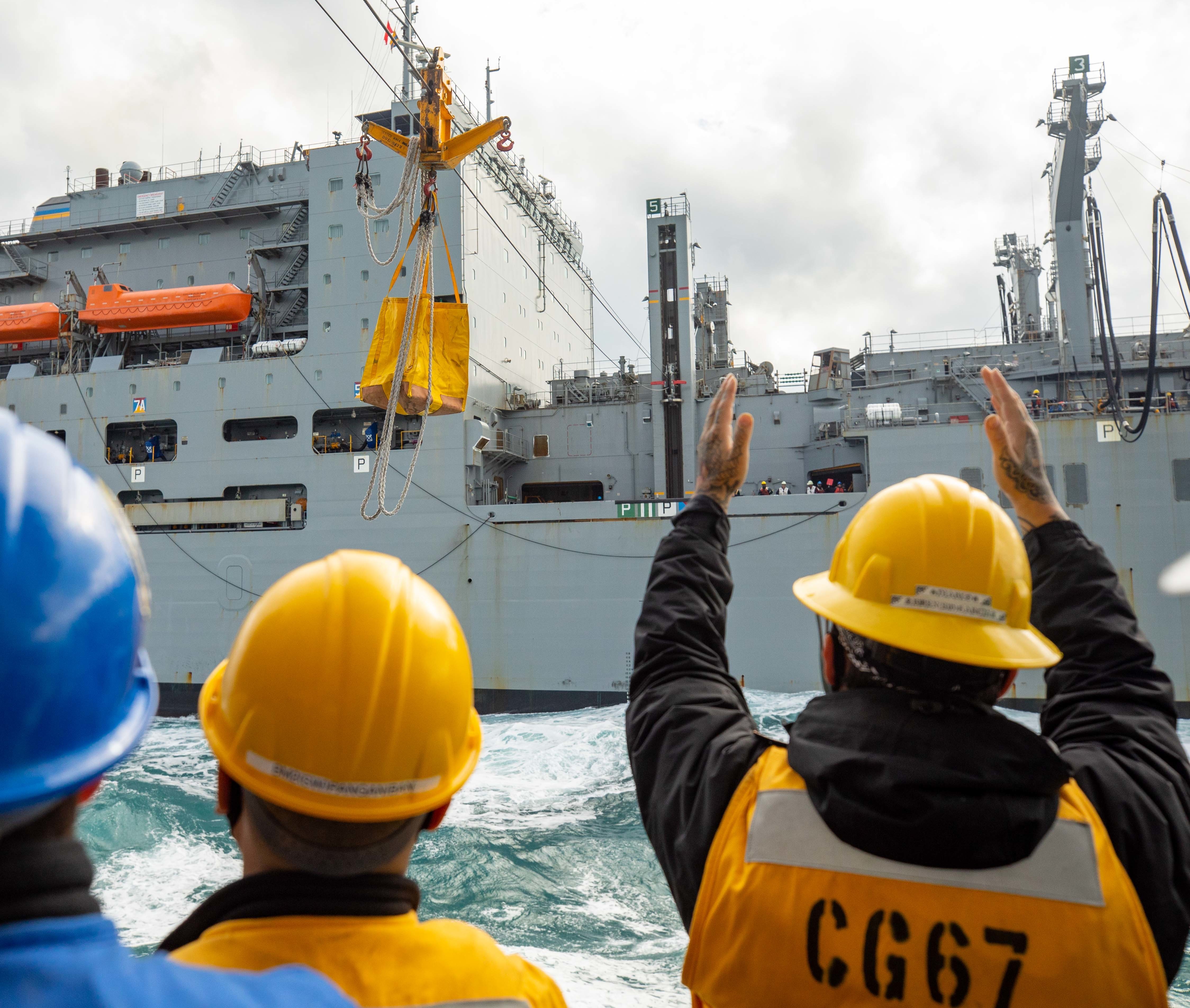 USS Shiloh (CG 67) conducts a replenishment-at-sea.
