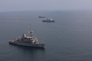 Mine countermeasure ship USS Dextrous (MCM 13), front, Royal Navy mine countermeasures vessel HMS Brocklesby (M 33), middle, and Royal Saudi Naval Force mine countermeasures vessel Al-Shaqra (MCMV 422) sail in formation during mine countermeasures interoperability training, led by Commander, Task Force (CTF) 52 in the Arabian Gulf, Nov. 11. CTF 52 provides command and control of all mine warfare assets in the U.S. 5th Fleet area of operations. The 5th Fleet area of operations encompasses about 2.5 million square miles of water area and includes the Arabian Gulf, Arabian Sea, Gulf of Oman, Red Sea and parts of the Indian Ocean. The expanse is comprised of 20 countries and includes three critical choke points at the Strait of Hormuz, the Suez Canal and the Bab el-Mandeb Strait at the southern tip of Yemen.
