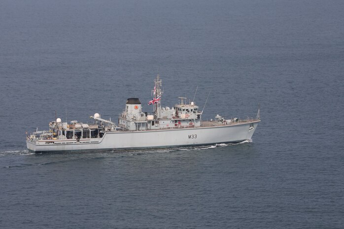 Royal Navy mine countermeasures vessel HMS Brocklesby (M 33) sails in formation during mine countermeasures interoperability training in the Arabian Gulf, Nov. 11. Commander, Task Force 52 provides command and control of all mine warfare assets in the U.S. 5th Fleet area of operations. The 5th Fleet area of operations encompasses about 2.5 million square miles of water area and includes the Arabian Gulf, Arabian Sea, Gulf of Oman, Red Sea and parts of the Indian Ocean. The expanse is comprised of 20 countries and includes three critical choke points at the Strait of Hormuz, the Suez Canal and the Bab el-Mandeb Strait at the southern tip of Yemen.