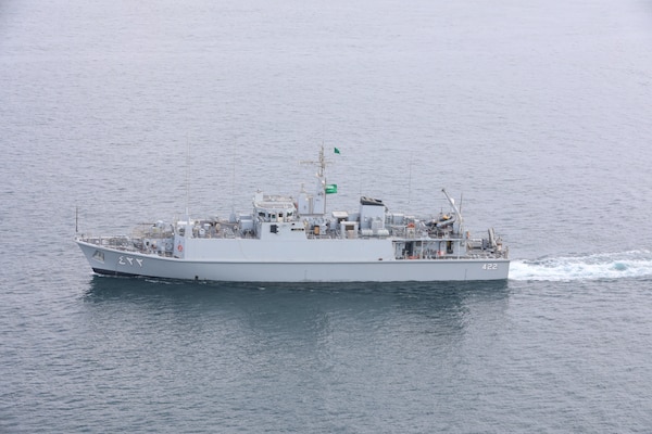 Royal Saudi Naval Force mine countermeasures vessel Al-Shaqra (MCMV 422) sails in formation during mine countermeasures interoperability training , led by Commander, Task Force (CTF) 52 in the Arabian Gulf, Nov. 11. CTF 52 provides command and control of all mine warfare assets in the U.S. 5th Fleet area of operations. The 5th Fleet area of operations encompasses about 2.5 million square miles of water area and includes the Arabian Gulf, Arabian Sea, Gulf of Oman, Red Sea and parts of the Indian Ocean. The expanse is comprised of 20 countries and includes three critical choke points at the Strait of Hormuz, the Suez Canal and the Bab el-Mandeb Strait at the southern tip of Yemen.