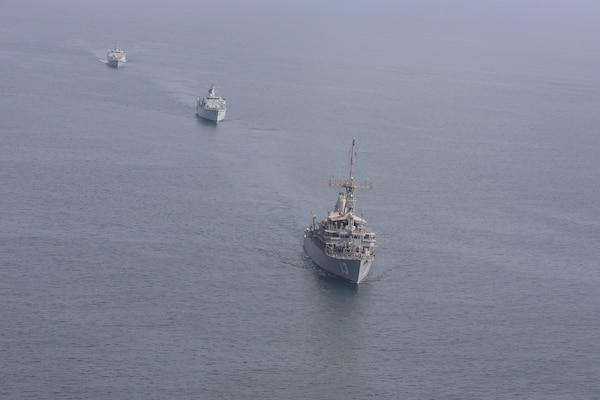 Mine countermeasure ship USS Dextrous (MCM 13), front, Royal Saudi Naval Force mine countermeasures vessel Al-Shaqra (MCMV 422), middle, and Royal Navy mine countermeasures vessel HMS Brocklesby (M 33) sail in formation during mine countermeasures interoperability training, led by Commander, Task Force (CTF) 52 in the Arabian Gulf, Nov. 11. CTF 52 provides command and control of all mine warfare assets in the U.S. 5th Fleet area of operations. The 5th Fleet area of operations encompasses about 2.5 million square miles of water area and includes the Arabian Gulf, Arabian Sea, Gulf of Oman, Red Sea and parts of the Indian Ocean. The expanse is comprised of 20 countries and includes three critical choke points at the Strait of Hormuz, the Suez Canal and the Bab el-Mandeb Strait at the southern tip of Yemen.