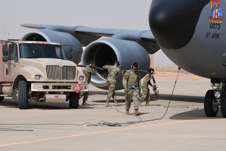Fuels, maintenance Airmen perform hot pit refuel