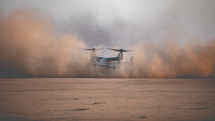 An MV-22 Osprey lands during a Tactical Recovery of Aircraft and Personnel exercise in Kuwait, Nov. 23.