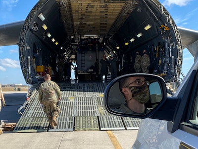 Capt. Joshua Wolf, U.S. Army North’s Task Force 51’s future operations officer, waits to load an emergency response vehicle, during the unit’s Level II Deployment Readiness Exercise at Joint Base San Antonio-Kelly Field Annex Nov. 20.