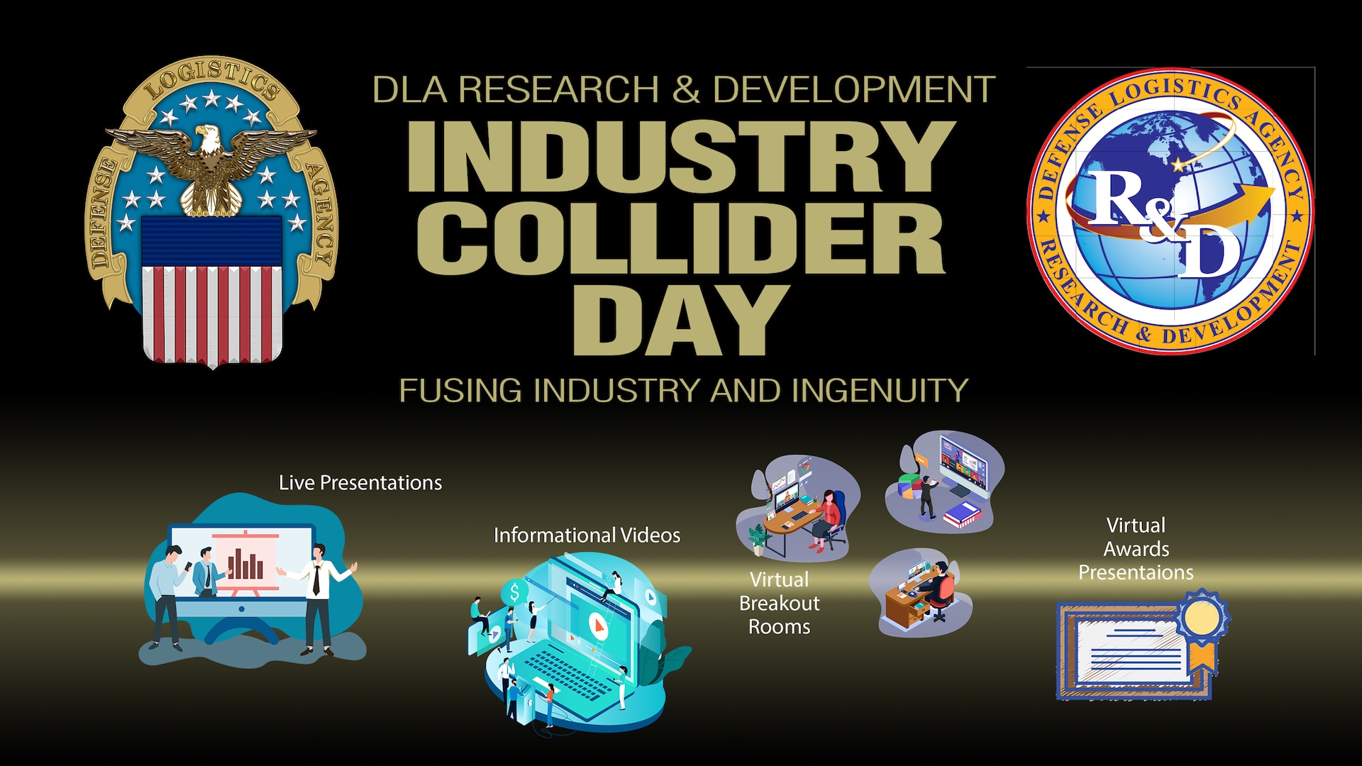 Graphic with words: DLA Research & Development Industry Collider Day, Fusing industry and ingenuity.