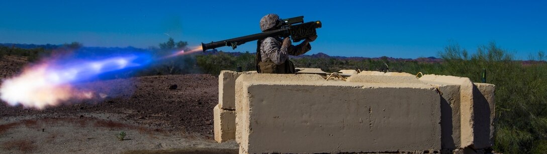 U.S. Marines with Alpha Battery, 3rd Low Altitude Air Defense Battalion (LAAD), 3rd Marine Aircraft Wing (MAW), fire the FIM-92 Stinger missile during a training exercise at Yuma Proving Ground Stinger Range, Yuma, Ariz., Oct. 19, 2019. The training focuses on operational integration of the six functions of Marine Corps Aviation in support of a Marine Air Ground Task Force. Training events such as this one ensure the Marines and machines of 3rd MAW are able and ready to respond to crisis anytime, anywhere (U.S. Marine Corps photo by Sgt. Dominic Romero).