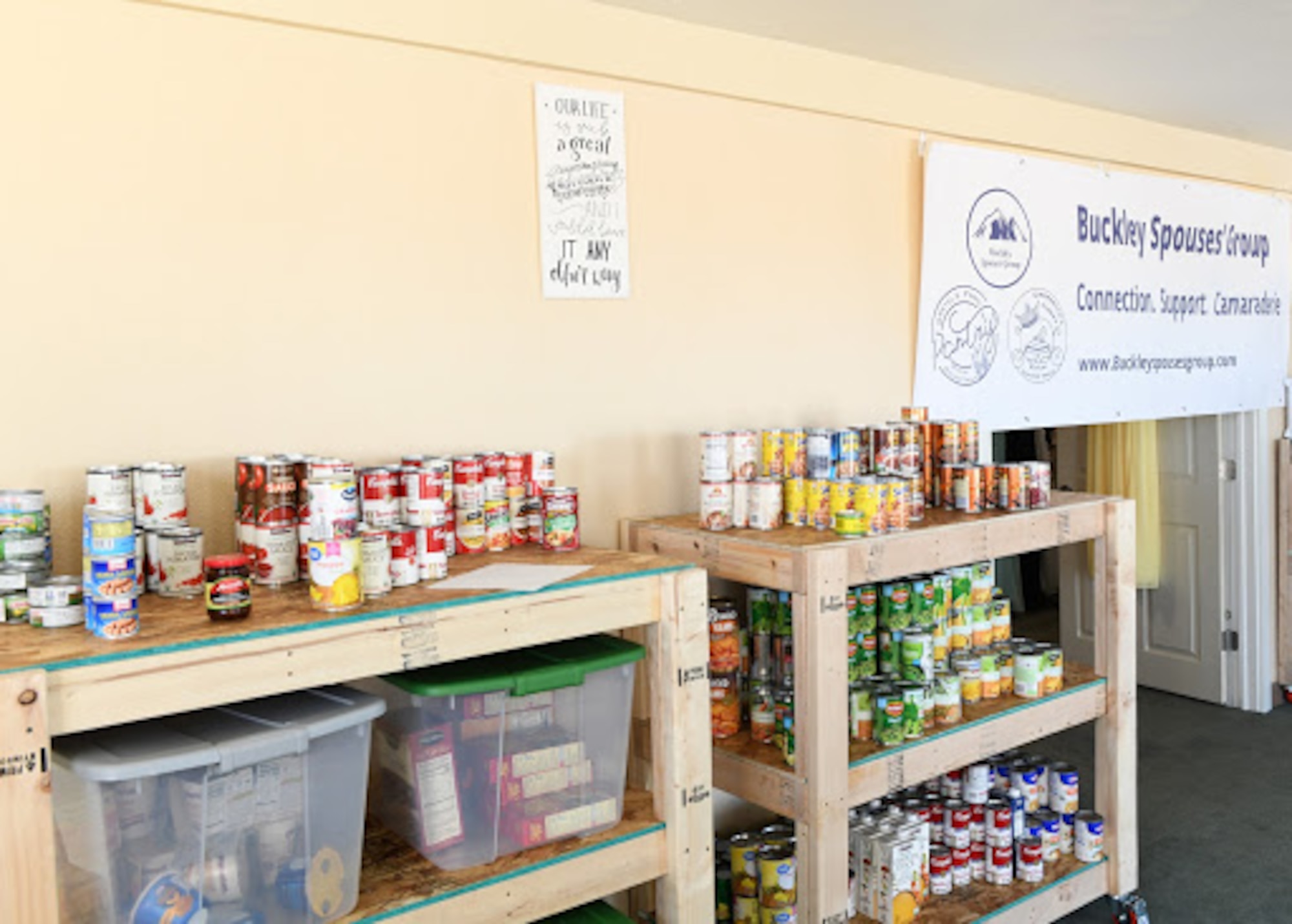 Food lines the shelves at Gretel’s Food Pantry on Buckley Air Force Base, Colo., Nov. 25, 2020. Various volunteers have worked tirelessly since late March to convert a portion of the Buckley Spouses’ Group Resource Center into a food pantry to help meet the needs of families on Buckley. A total revamp of the building allowed for the addition of four heavy duty food shelves built by service members which helped the project come to fruition. (U.S. Space Force photo by Airman 1st Class Haley N. Blevins)