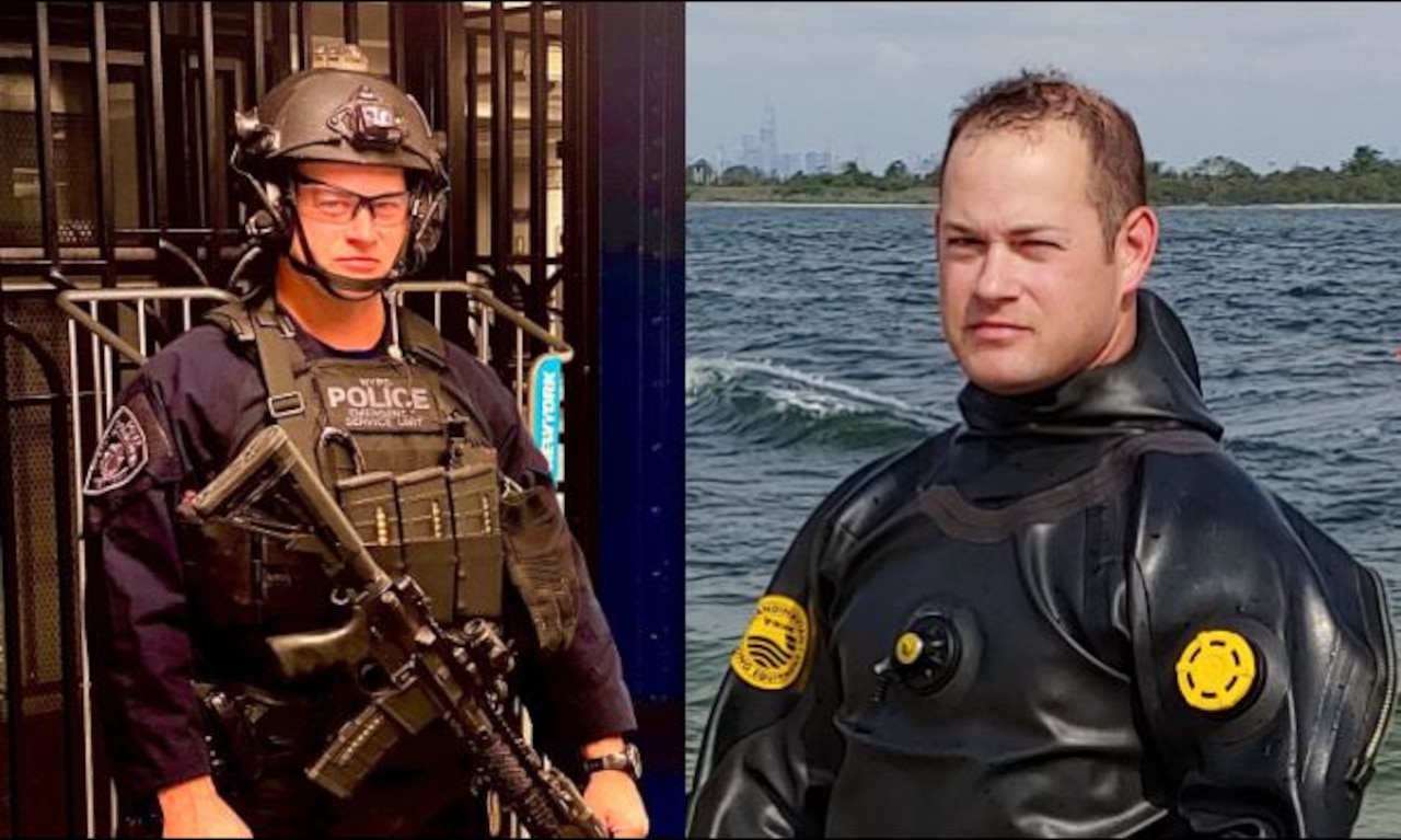 A man on the left wears a helmet and other combat-style gear while holding an automatic weapon; on the right, a man stands by the water in a SCUBA suit.