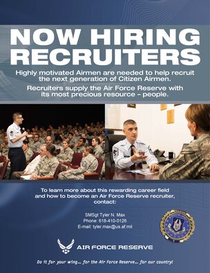 Poster/graphic about information about becoming an Air Force Reserve recruiter.