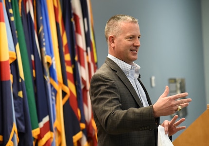 Brig. Gen. K. Weedon Gallagher, Virginia National Guard Land Component Commander, speaks to participants in the Virginia Department of Military Affairs’ mentorship program during an event Nov. 19, 2020, at Fort Pickett, Virginia.