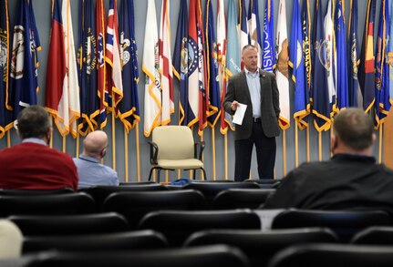 Brig. Gen. K. Weedon Gallagher, Virginia National Guard Land Component Commander, speaks to participants in the Virginia Department of Military Affairs’ mentorship program during an event Nov. 19, 2020, at Fort Pickett, Virginia.