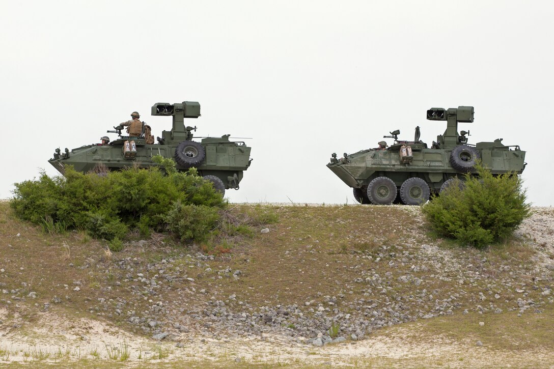 U.S. Marines with 2nd Light Armored Reconnaissance Battalion, 2nd Marine Division, prepare to conduct a live fire event on Camp Lejeune, North Carolina, May 16, 2019. The purpose of this training event is to increase combat readiness through realistic scenarios preparing for possible future combat operations utilizing the new Light Armored Vehicle Anti-Tank weapon systems and increasing section level proficiency. (U.S. Marine Corps photo by Lance Cpl. Ursula V. Smith)