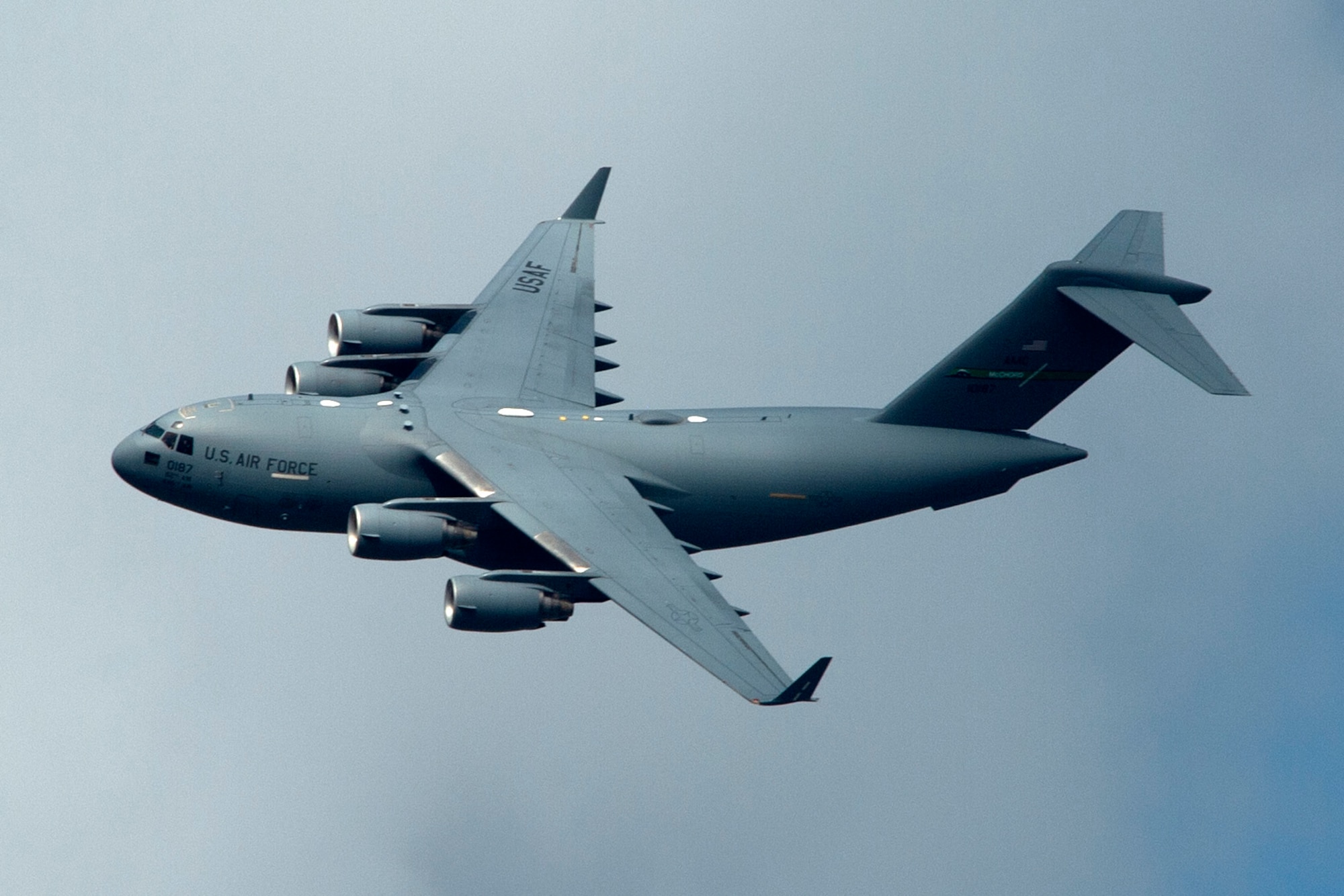 The C 17 West Coast Demo Team from Joint Base Lewis-McChord, Wash., flies a C 17 Globemaster III during the 2020 Fort Lauderdale Air Show in Fort Lauderdale, Fla., Nov. 22, 2020. The demo team participated in the two-day event to showcase the C 17’s airlift capabilities. (U.S. Air Force photo by Senior Airman Tryphena Mayhugh)