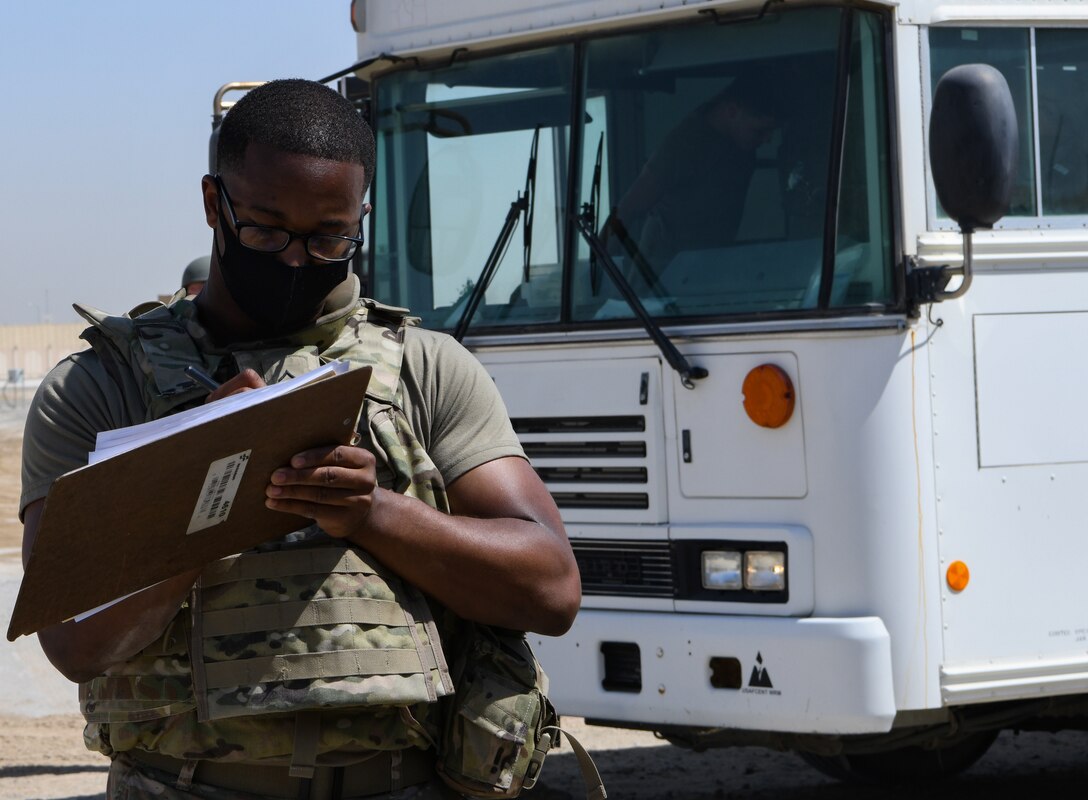 An Alpha Battery 5-52 Air Defense Artillery Battalion Soldier completes documentation during a mass casualty exercise Sept. 23, 2020 at Al Dhafra Air Base, United Arab Emirates.