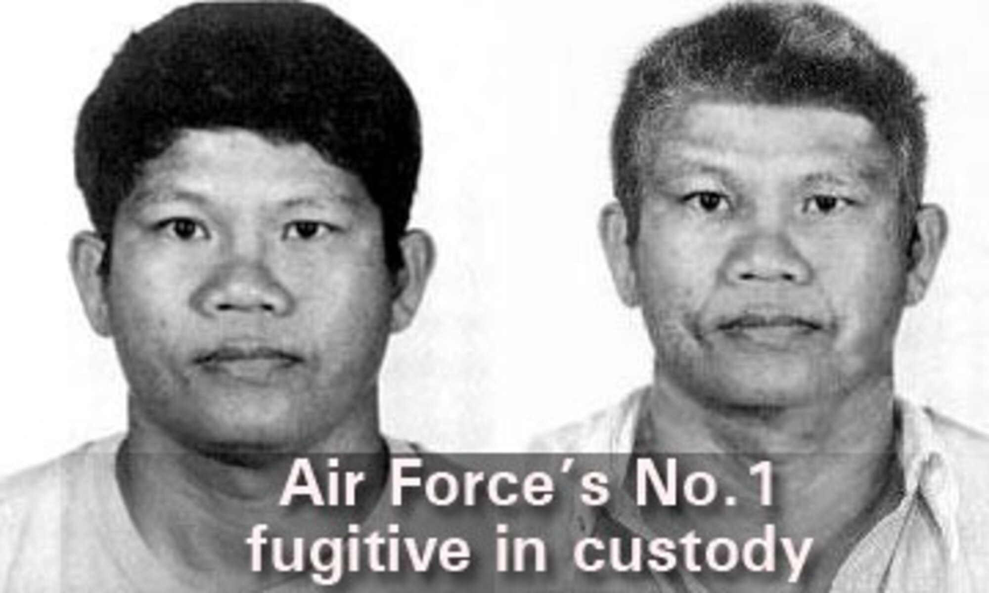 Saner Wongun is shown in 1994, left, and in an age-progression image that led to his eventual capture. (U.S. Air Force illustration)