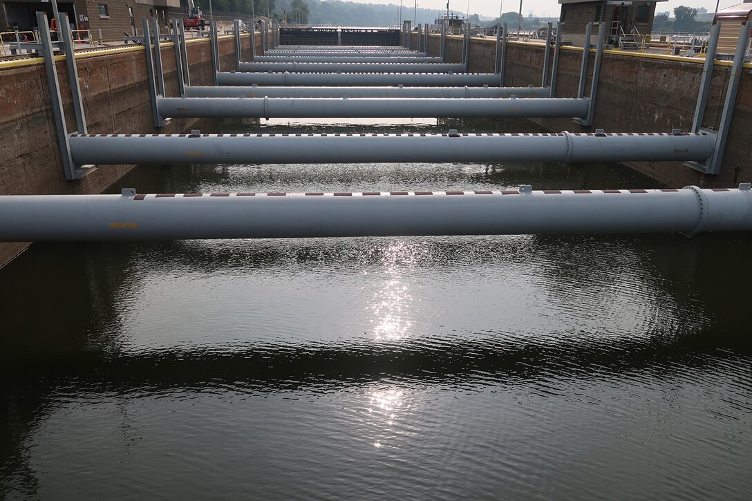 The lock chamber at Emsworth Locks and Dam before dewatering for maintenance and inspection.