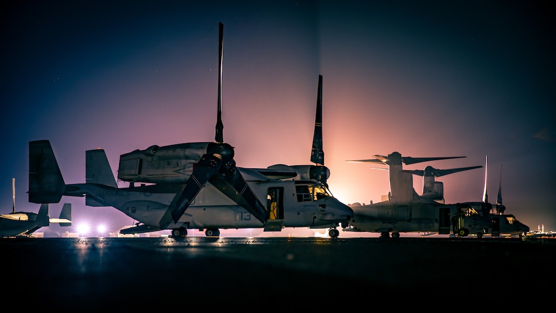 U.S. Marine Corps MV-22 Ospreys are staged on the flight line in Kuwait, Sept. 24.