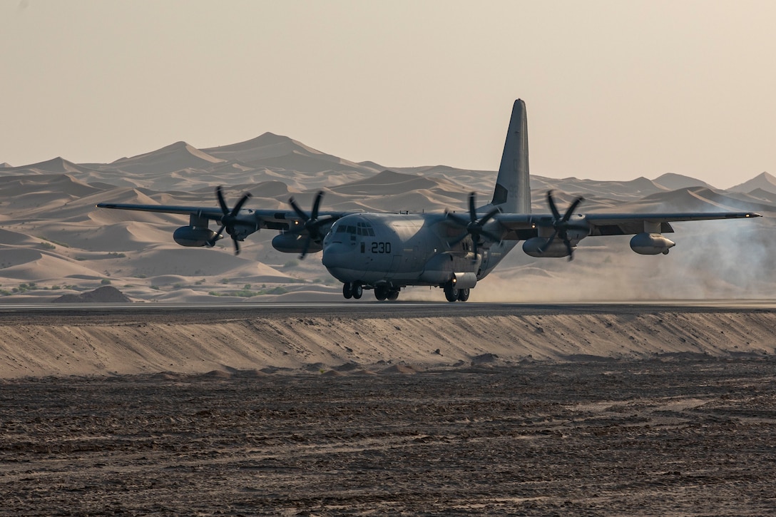 A U.S. Marine Corps KC-130 with Marine Aerial Refueler Transport Squadron 352 assigned to Special Purpose Marine Air-Ground Task Force - Crisis Response - Central Command, lands to deliver U.S. Marines during the bilateral engagement Falcon Sentry in the United Arab Emirates, Sept 24, 2020. Falcon Sentry is a combined engagement opportunity between the UAE Armed Forces and U.S. Marine Corps to advance their collective defense capability within the region. SPMAGTF-CR-CC regularly trains with partner nations to increase military cooperation and strengthen partnerships throughout U.S. Central Command’s Area of Responsibility. (U.S. Marine Corps Photo by Sgt. Brendan Custer)
