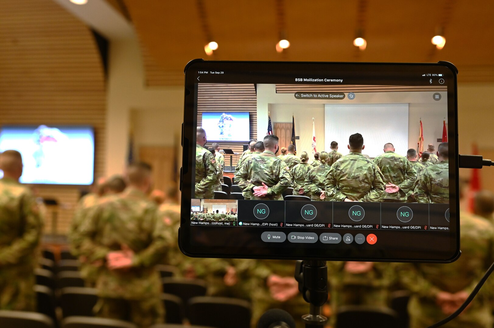 A socially distanced deployment ceremony for 45 soldiers of the NHARNG's 3643d Brigade Support Battalion is live streamed for family and friends Sept. 29, 2020, at the Edward Cross Training Center in Pembroke.