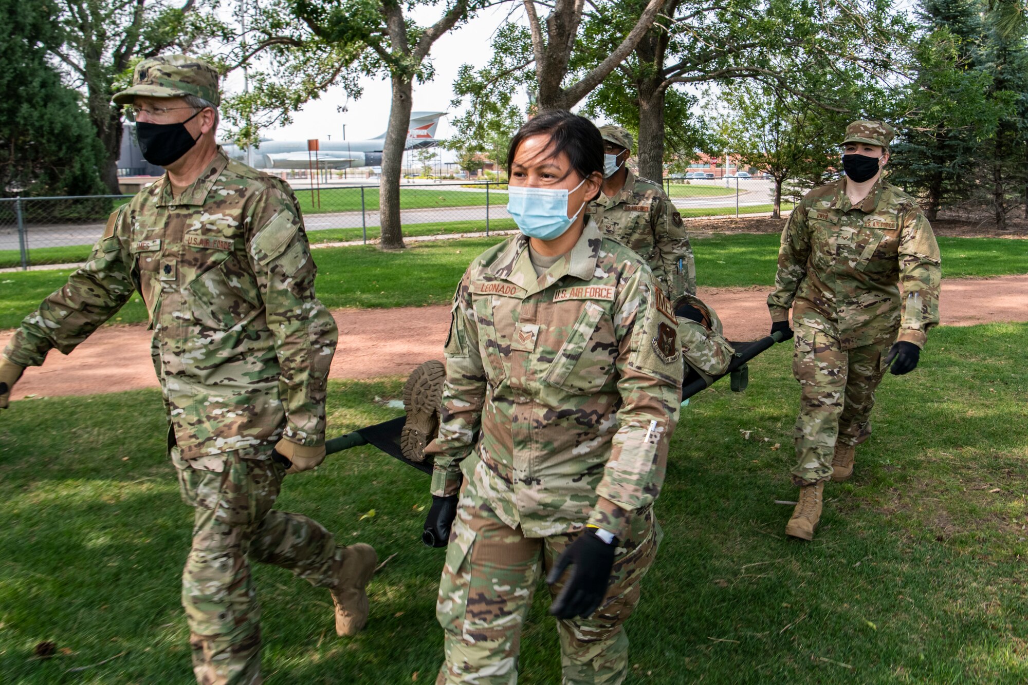 Citizen Airmen with the 932nd, 910th and 302nd Airlift Wing’s participate in Operation Centennial Summit, Peterson Air Force Base, Colorado, Sept. 15, 2020. Operation Centennial Summit gave members the opportunity to get hands-on training such as litter carry procedures, triage, self-aid and buddy care, respiratory distress and numerous lectures on other medical emergencies. The 932nd AW is a reserve unit at Scott Air Force Base, Illinois. (U.S. Air Force photo by Senior Airman Brooke Spenner)