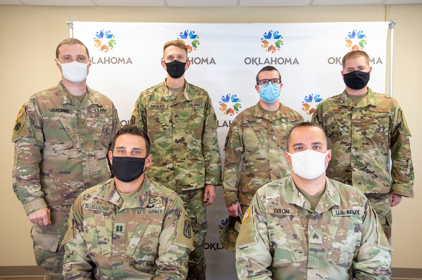 From left to right with the Oklahoma National Guard defensive cyber operations element, Chief Warrant Officer 2 Tyson Joachims, Capt. Danny Slusarchuck, Sgt. Sean Singley, Staff Sgt. Rick Raper, Sgt. Brandon Dixon, and Tech Sgt. Craig Brown, mission defense team noncommissioned officer in charge with the 137th Special Operations Communications Flight, won the online 2020 NetWars Cyber Shield competition Sept. 18-19, 2020.