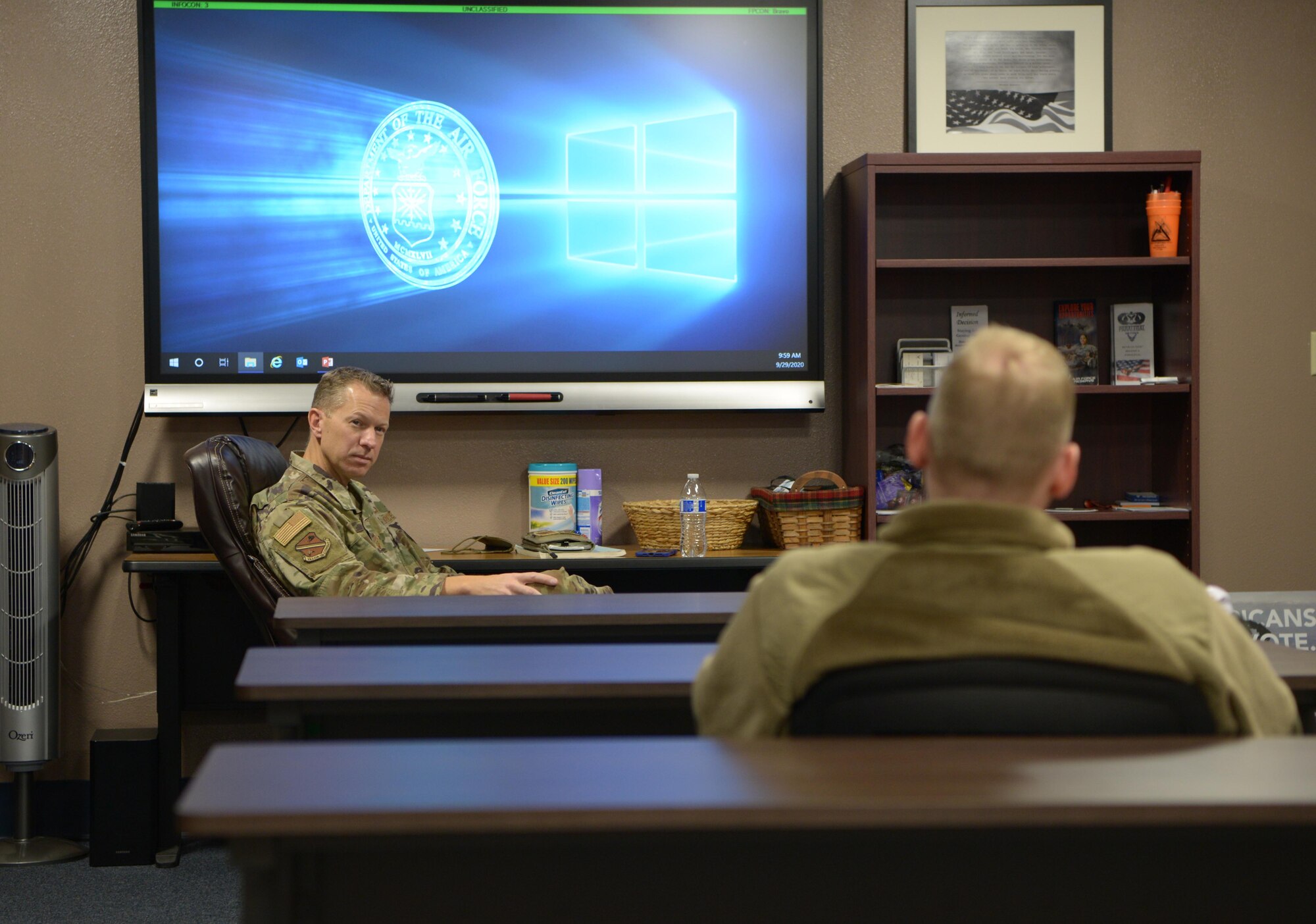 U.S. Air Force Chief Master Sgt. John Lokken, the 354th Fighter Wing command chief, talks with Airmen during a First-Term Airman Center on Eielson Air Force Base, Alaska, Sept. 29, 2020. The course is designed to welcome Airmen to their first assignment and help them transition from a training environment to the operational Air Force. (U.S. Air Force photo by Senior Airman Beaux Hebert)