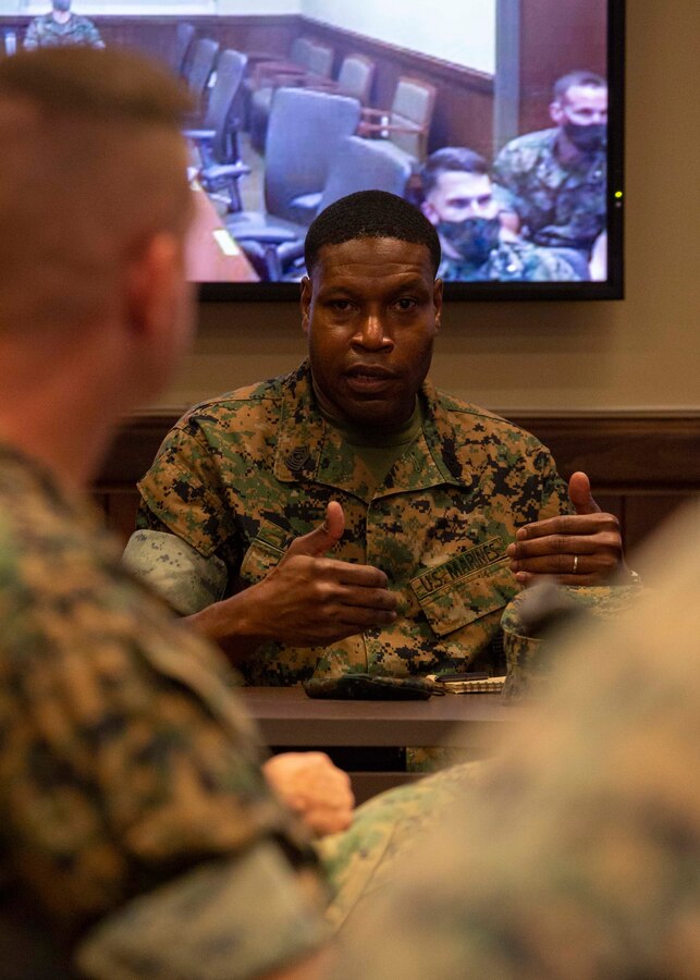 U.S. Marine Corps Sgt. Maj. Clifford W. Wiggins, Sergeant Major of U.S. Marine Corps Forces Command (MARFORCOM), Fleet Marine Force Atlantic, discusses solutions for retention rates at the commander’s conference meeting, Sept. 29, 2020, Naval Weapon Station, Yorktown, Virginia. The commander’s conference presented senior leadership with a forum to discuss naval integration, force design, professional military education, and the future of the Marine Corps. During the two-day meeting, commanders from across MCSFR and MARFORCOM reviewed strategic guidance and discussed force design implementation affecting Fleet Marine Forces. (U.S. Marine Corps photo by Sgt. Desmond Martin/released)