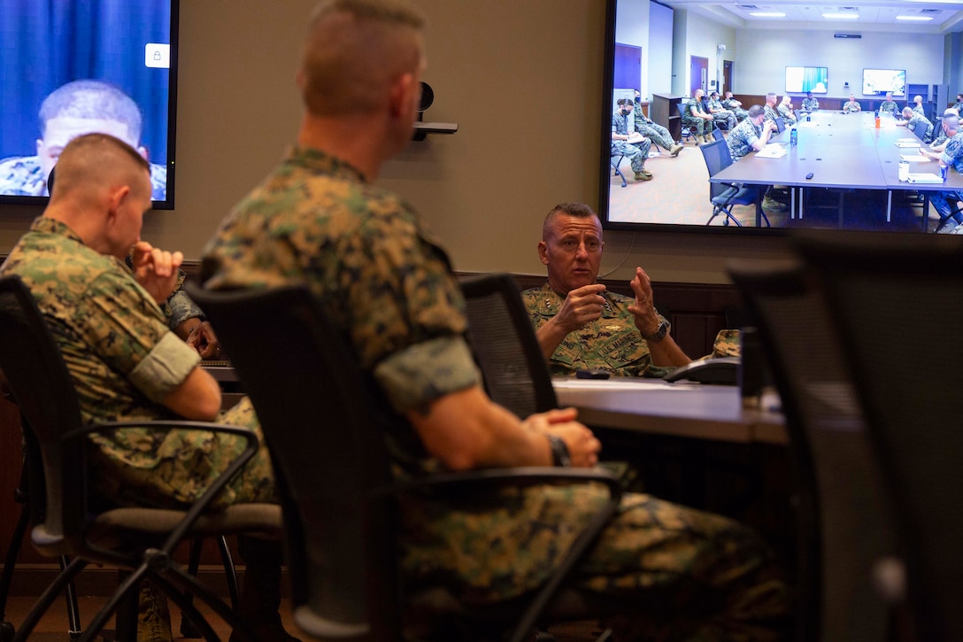 U.S. Marine Corps Lt. General Robert F. Hedelund, Commanding General of U.S. Marine Corps Forces Command (MARFORCOM), Fleet Marine Force Atlantic visits Marine Corps Security Forces Regiment (MCSFR), for a commander’s conference meeting, Sept. 29, 2020, Naval Weapon Station, Yorktown, Virginia. The commander’s conference presented senior leadership with a forum to discuss naval integration, force design, professional military education, and the future of the Marine Corps. During the two-day meeting, commanders from across MCSFR and MARFORCOM reviewed strategic guidance and discussed force design implementation affecting Fleet Marine Forces. (U.S. Marine Corps photo by Sgt. Desmond Martin/released)