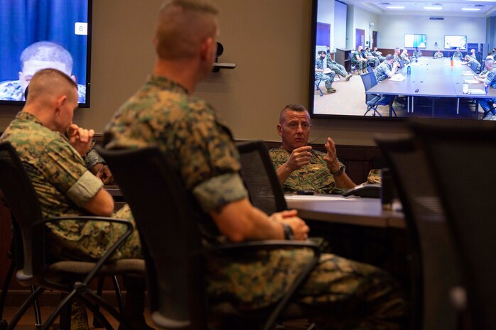 U.S. Marine Corps Lt. General Robert F. Hedelund, Commanding General of U.S. Marine Corps Forces Command (MARFORCOM), Fleet Marine Force Atlantic visits Marine Corps Security Forces Regiment (MCSFR), for a commander’s conference meeting, Sept. 29, 2020, Naval Weapon Station, Yorktown, Virginia. The commander’s conference presented senior leadership with a forum to discuss naval integration, force design, professional military education, and the future of the Marine Corps. During the two-day meeting, commanders from across MCSFR and MARFORCOM reviewed strategic guidance and discussed force design implementation affecting Fleet Marine Forces. (U.S. Marine Corps photo by Sgt. Desmond Martin/released)
