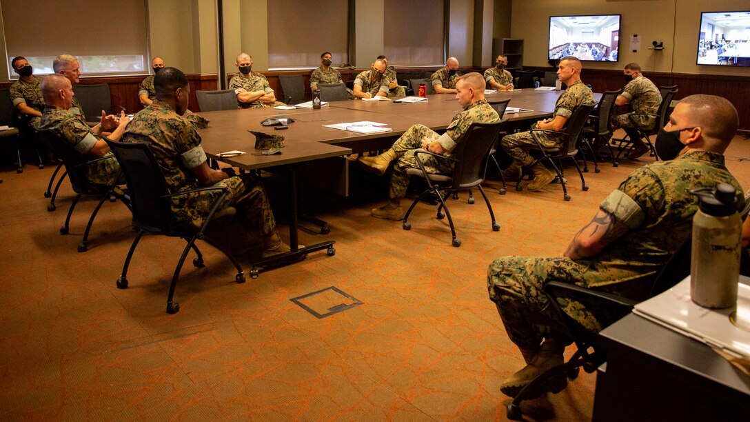 Marine Corps Security Forces Regiment (MCSFR) hosts a commander’s conference meeting, Sept. 29, 2020, Naval Weapon Station, Yorktown, Virginia. The commander’s conference presented senior leadership with a forum to discuss naval integration, force design, professional military education, and the future of the Marine Corps. During the two-day meeting, commanders from across MCSFR and MARFORCOM reviewed strategic guidance and discussed force design implementation affecting Fleet Marine Forces. (U.S. Marine Corps photo by Sgt. Desmond Martin/released)