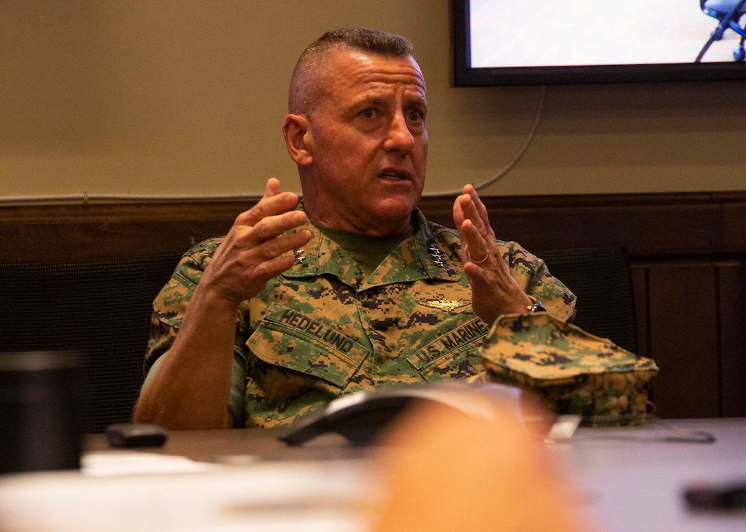 U.S. Marine Corps Lt. General Robert F. Hedelund, Commanding General of U.S. Marine Corps Forces Command (MARFORCOM), Fleet Marine Force Atlantic, answers questions at the commander’s conference meeting, Sept. 29, 2020, Naval Weapon Station, Yorktown, Virginia. The commander’s conference presented senior leadership with a forum to discuss naval integration, force design, professional military education, and the future of the Marine Corps. During the two-day meeting, commanders from across MCSFR and MARFORCOM reviewed strategic guidance and discussed force design implementation affecting Fleet Marine Forces. (U.S. Marine Corps photo by Sgt. Desmond Martin/released)