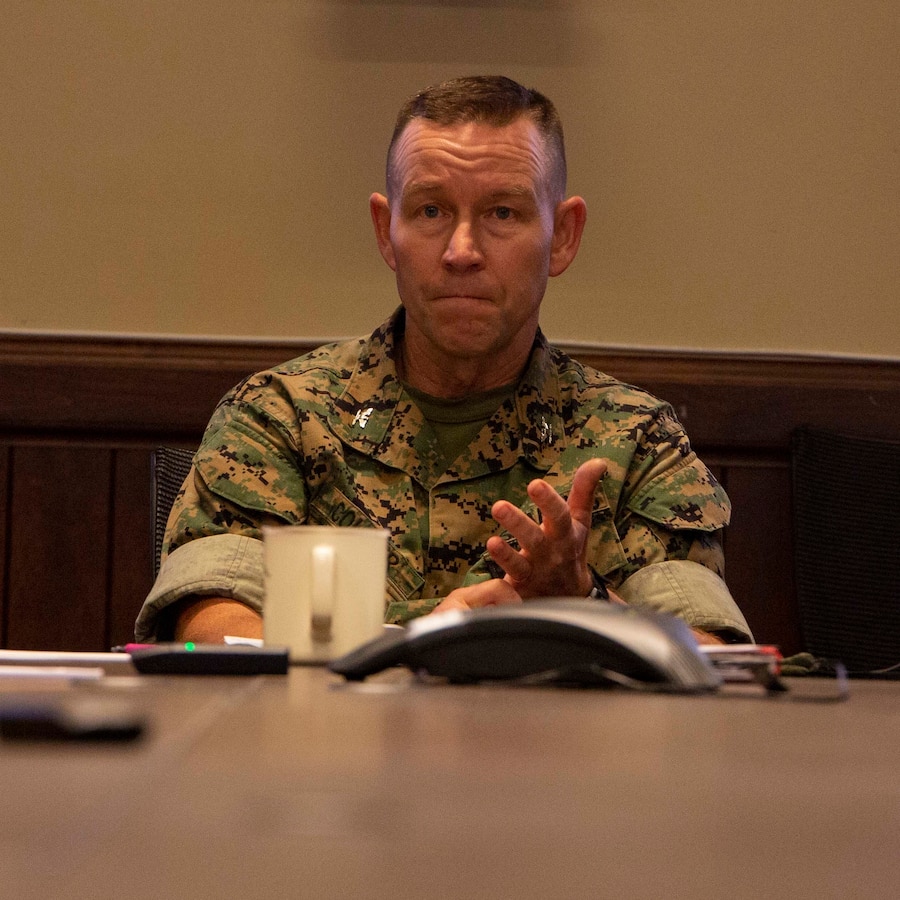 U.S. Marine Corps Col. Corey M. Collier, Commanding Officer of Marine Corps Security Forces Regiment (MCSFR), speaks during a commander’s conference meeting debrief, Sept. 30, 2020, Naval Weapon Station, Yorktown, Virginia. The commander’s conference presented senior leadership with a forum to discuss naval integration, force design, professional military education, and the future of the Marine Corps. During the two-day meeting, commanders from across MCSFR and MARFORCOM reviewed strategic guidance and discussed force design implementation affecting Fleet Marine Forces. (U.S. Marine Corps photo by Sgt. Desmond Martin/released)