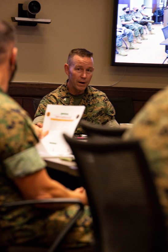 U.S. Marine Corps Col. Corey M. Collier, Commanding Officer of Marine Corps Security Forces Regiment (MCSFR), answers questions during a commander’s conference meeting debrief, Sept. 30, 2020, Naval Weapon Station, Yorktown, Virginia. The commander’s conference presented senior leadership with a forum to discuss naval integration, force design, professional military education, and the future of the Marine Corps. During the two-day meeting, commanders from across MCSFR and MARFORCOM reviewed strategic guidance and discussed force design implementation affecting Fleet Marine Forces. (U.S. Marine Corps photo by Sgt. Desmond Martin/released)