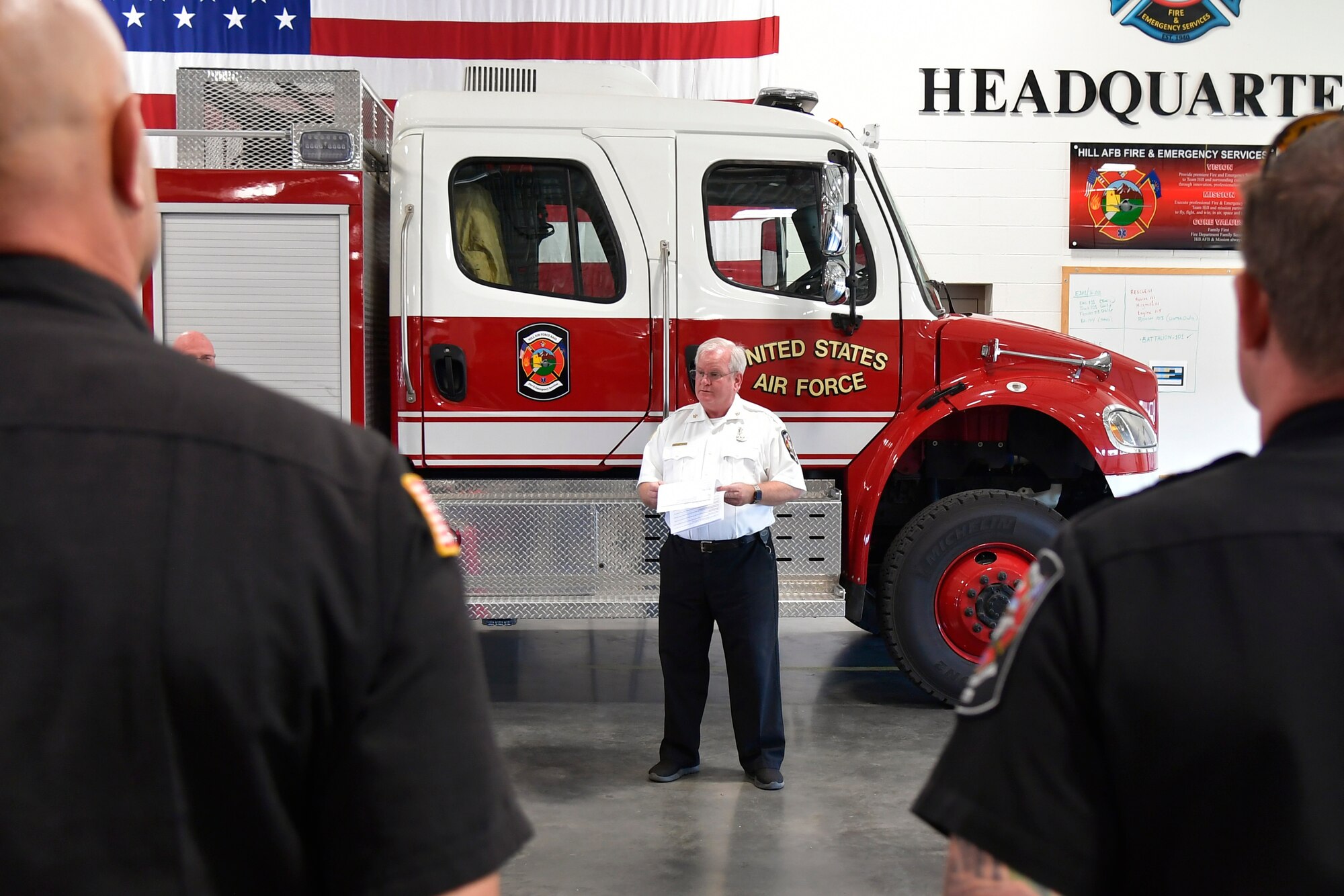 Jeffrey Beck, 775th Civil Engineer Squadron assistant chief for fire prevention, provides opening remarks during the signing ceremony for the base’s Fire Prevention Week proclamation.