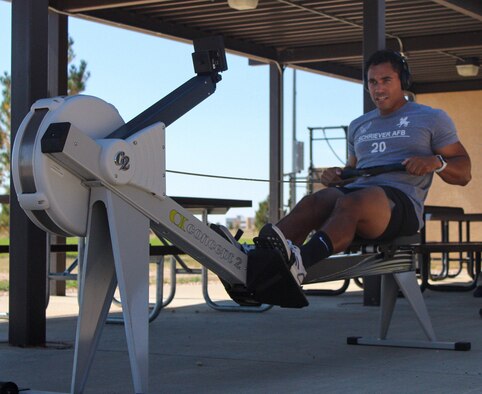Kyle Lucas, 2nd Space Operations Squadron, performs a row Sept. 25, 2020, during the second annual dry triathlon at Schriever Air Force Base, Colorado. Competitors in the completed a 2,000-meter row, 300 body squats and a 5K run. (U.S. Air Force photo by Marcus Hill)