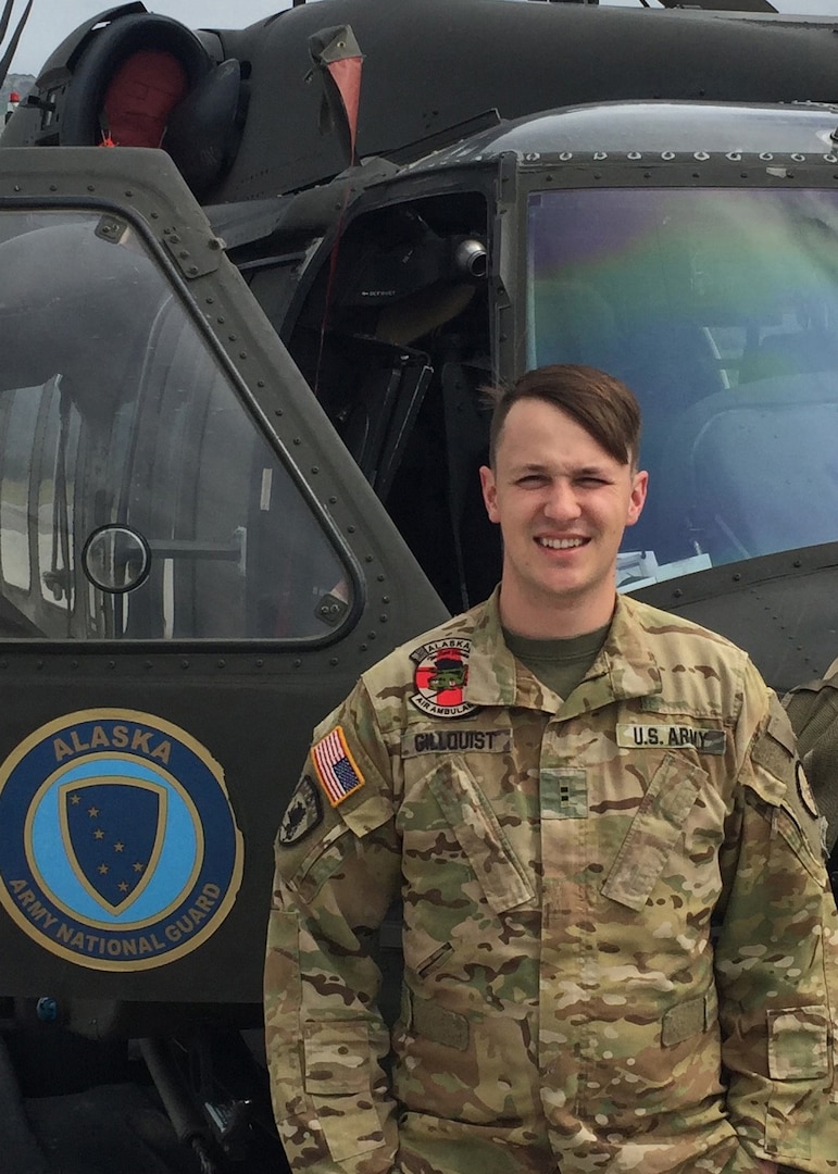 Chief Warrant Officer 2 Paul Gillquist, an Alaska Army National Guard pilot assigned to the 207th Aviation Regiment, in front of UH-60 Black Hawk helicopter, Aug. 22, 2020, at the Bryant Army Airfield on Joint Base Elmendorf-Richardson. Gillquist’s call sign is "Icy 13," and he happened to perform his first real-world rescue mission on Sept. 13, 2020.