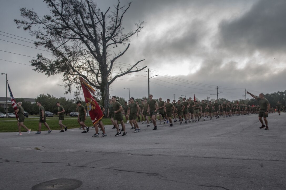 U.S. Marines with 6th Marines Regiment start a three miles for the first event of the Catlin Cup on Camp Lejeune, North Carolina, Sep. 14, 2020. The Catlin Cup is a week-long event for all battalions of 6th Marine Regiment to come together and increase regimental unity, moral and comradery. The competition is named after Colonel Albertus W. Catlin, the first commander of the 6th Marine Regiment. (U.S. Marine Corps photo by Lance Cpl. Sarah Hediger)