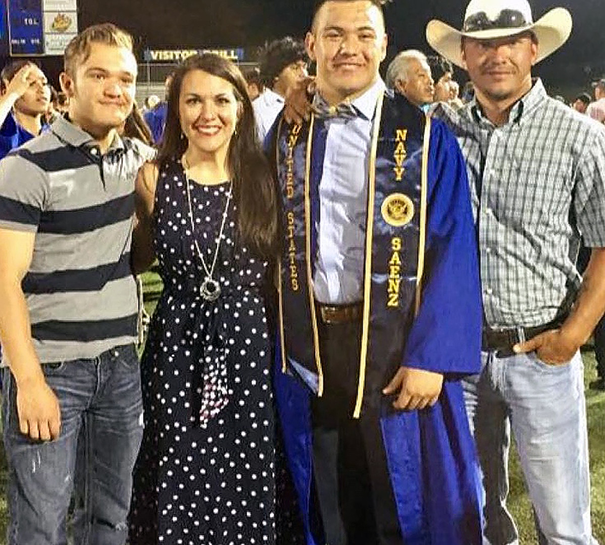 Bobbi Saenz (second from left) stands next to her son Diego Saenz (third from left) at his high school graduation in Kerrville in 2018. Family members joining them are Raul Vasquez (left) Bobbi Saenz’s son, and Jay Vasquez (right). Both Bobbi and Diego Saenz are currently serving in the Navy.