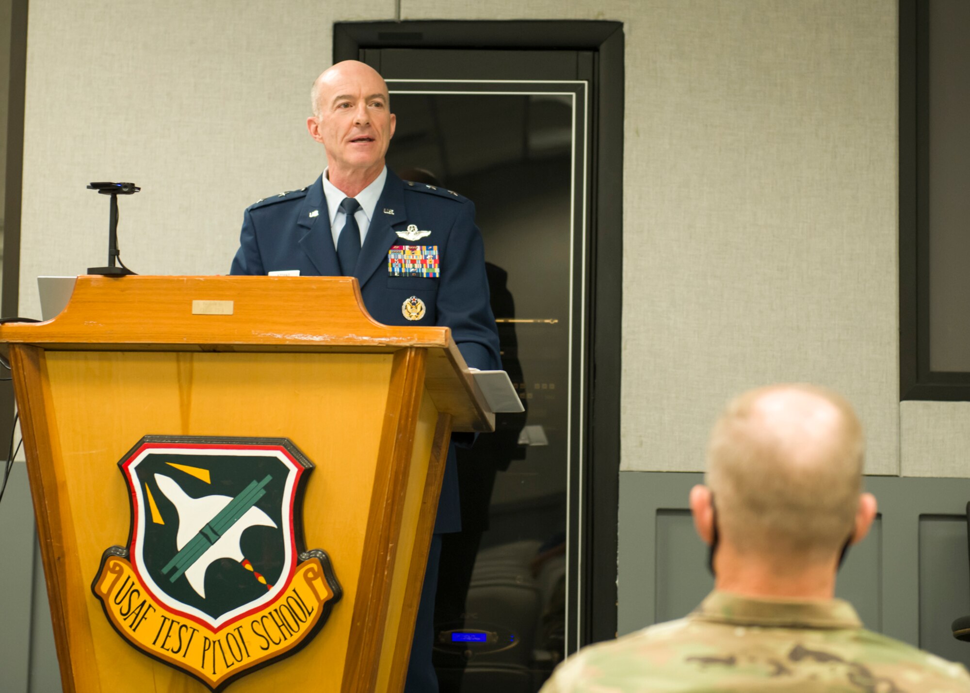 Air Force Test Center Commander, Maj. Gen. Christopher Azzano, says remarks during the Multi-Domain Test Force Detachment 1 activation ceremony