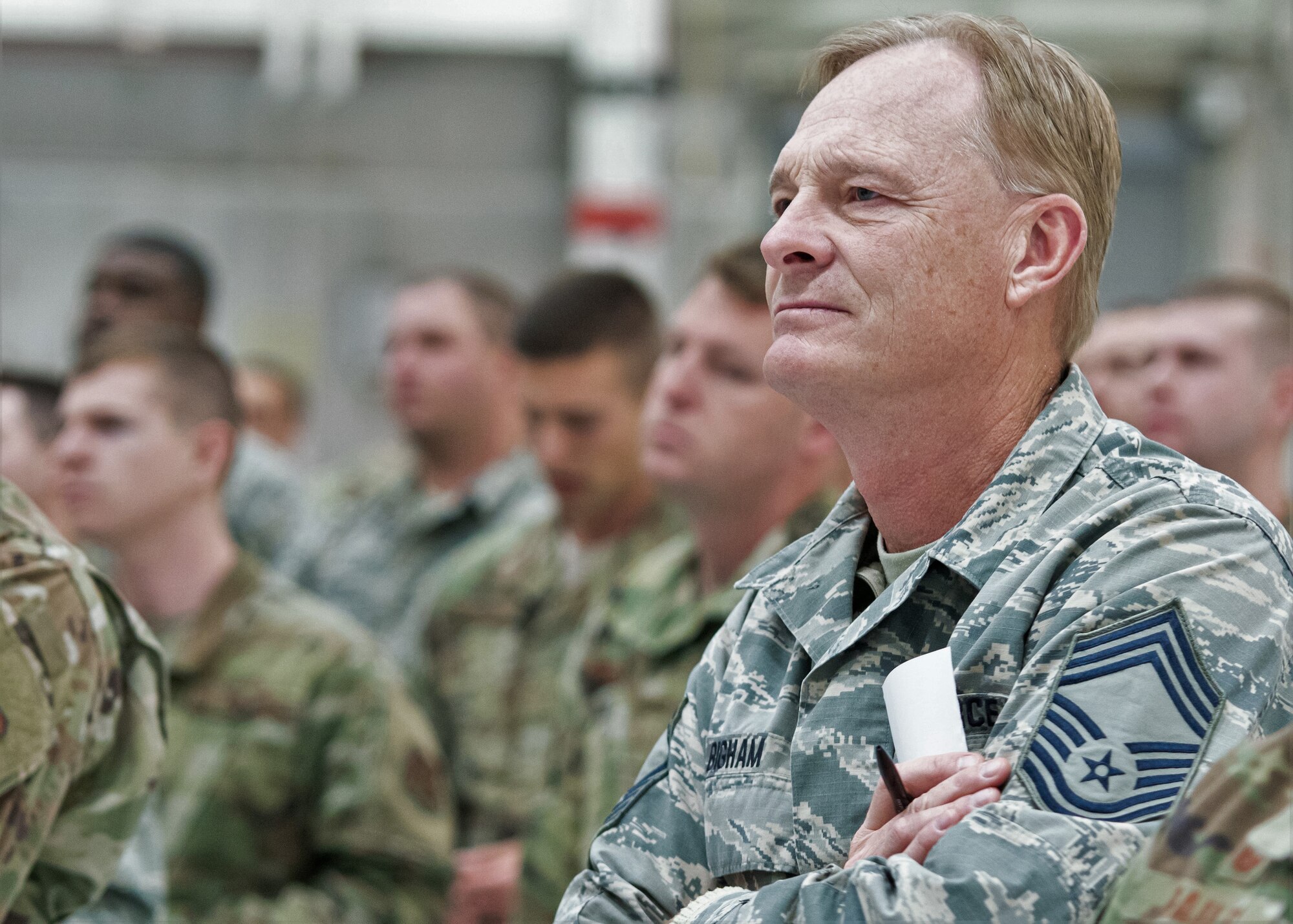 Chief Master Sgt. John Bigham, a Missouri Air National Guard maintenance superintendent with the 139th Airlift Wing, listens to a speaker during a “Resilience Tactical Pause” day at Rosecrans Air National Guard Base, St. Joseph, Missouri. The event was focused on personal resiliency and suicide prevention.