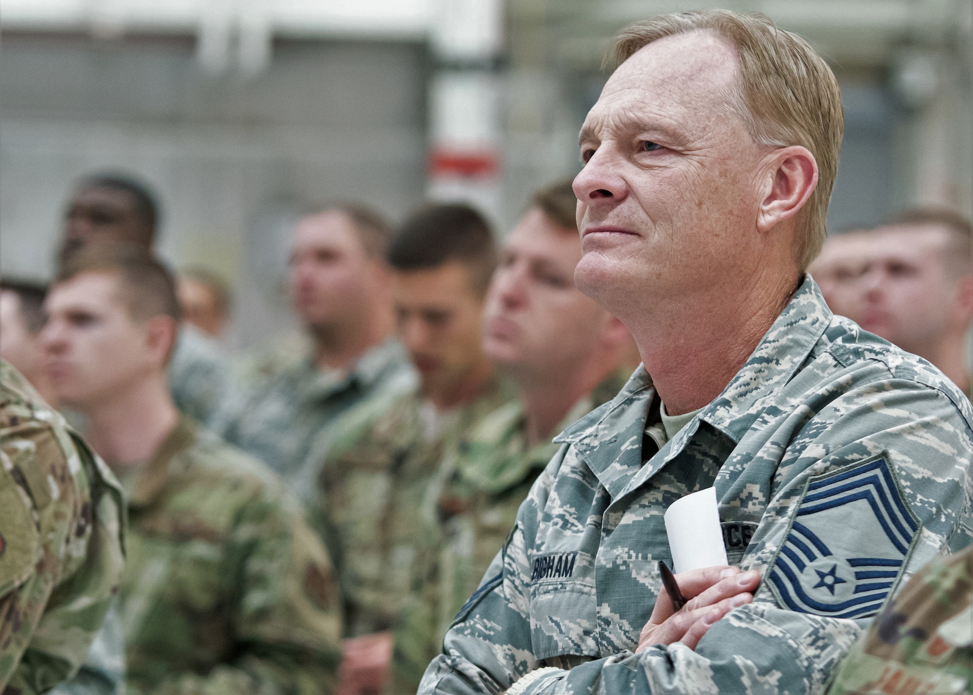 Chief Master Sgt. John Bigham, a Missouri Air National Guard maintenance superintendent with the 139th Airlift Wing, listens to a speaker during a “Resilience Tactical Pause” day at Rosecrans Air National Guard Base, St. Joseph, Missouri. The event was focused on personal resiliency and suicide prevention.