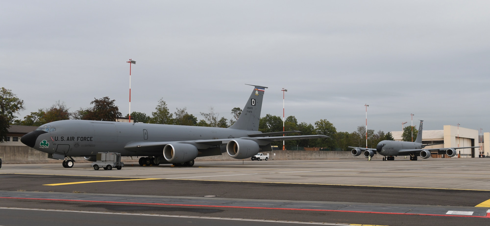 Two KC-135 Stratotanker aircraft assigned to the 100th Air Refueling Wing, sit on the flightline during exercise Wolff Pack at Ramstein Air Base, Germany, Sept. 29, 2020. Aircraft were dis-persed throughout Europe to test the 100th ARW’s ability to generate rapid aerial refueling capabil-ity from a diverse set of air bases. (U.S. Air Force photo by Staff. Sgt. Anthony Hetlage)